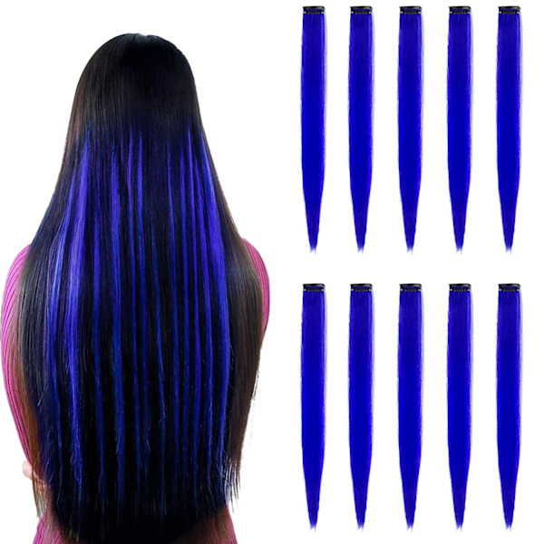 22 tum Färgade Hår Extensions, Flerfärgade Party Highlights Clip in Syntetiska Hår Extensions (10 PCS Blå)