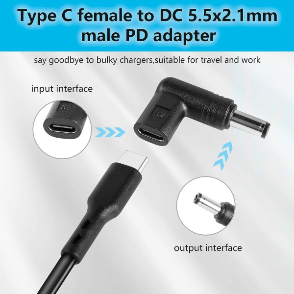 USB 5V Typ C hona till DC hane adapter, 90 graders vinklad USB C till DC 5V PD laddningsadapterkontakt för bärbar dator, router, mobil strömförsörjning (6 st)