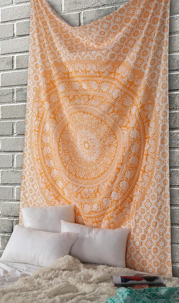 Bohemisk Mandala Tapestry Roséguld Bomull Väggbonad med Boho Elefantdesign för Sovrum, Sovsal, Heminredning 130x150 cm