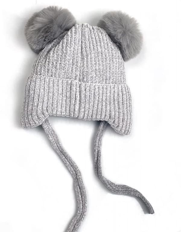 Sød bjørne-vinterhue til børn med øreklapper og rem, 1-5 år, dobbelt pompon-chenille strikket varm hue til baby (grå)