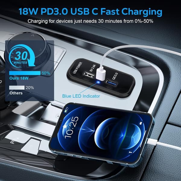 RV USB-pistorasia, PD3.0 Type C, QC3.0 ja 2.4A USB-portit, auton pikalataussovitin autoihin, veneisiin, kuorma-autoihin - 2 kpl, musta