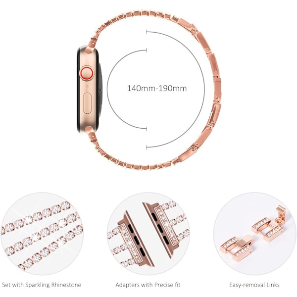 Kompatibel med Apple Watch-rem 42mm 44mm 45mm 49mm, Kvinner Glitrende Krystall Bling Armbånd Remmer Erstatningsbånd, Bling Rose Gold 42/44/45/49MM