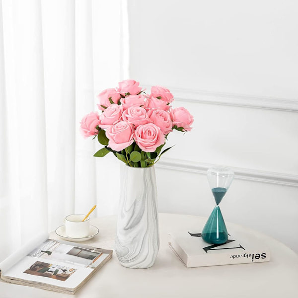 12 stk. kunstige silkeblomster realistiske roser buket lang stilk til hjem bryllup dekoration fest (12 stk.-Pink)