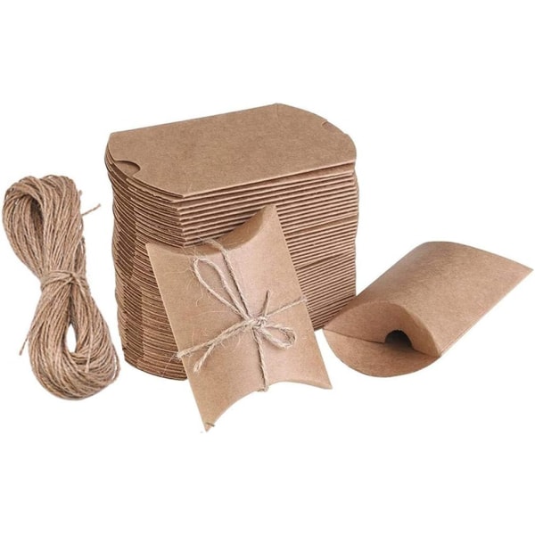 100Pcs Kraft Gift Bags Brown Small Pillow Boxes Vintage Natural Candy Boxes with Jute String for Christmas Party Wedding Birthday  9*7*2.5cm