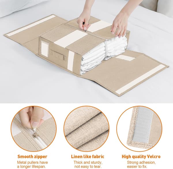 Sengelinned Organizer, Sammenfoldelig Skabsorganizer, 2 Visuelle Vinduer, til Lagner, Tæpper, Tøj (Beige 2-pak)