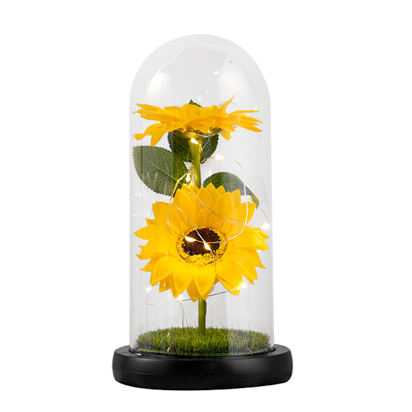 Solsikkegaver, Kunstig Solsikke i Glasskuppel, Evigvarende Solsikkegaver til Morsdag, Jubileum, Kunstig Blomstgave