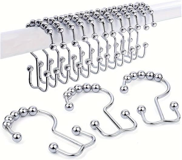 12 st Duschdraperiringar i rostfritt stål, rostfria fritt glidande dubbla duschdraperikrokar för gardin (silver)