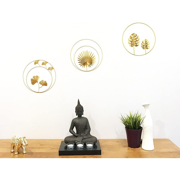 Metallblad Ornament, 3 st järnväggskulpturer, Järnväggskulpturer, 3D Ginkgo Bladskulpturer, Gyllene Ginkgo Blad, Palm Blad, Monstera Blad (Guld)