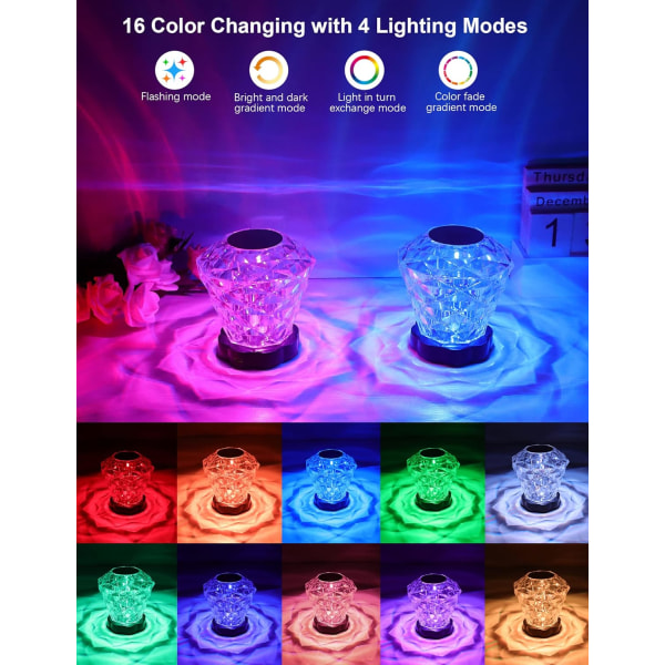Krystalllampe, berøringskontroll Rose Crystal Lamp 16 RGB-farger og dimbar nattlys, oppladbar Diamond nattbordlampe fjernkontrolllampe