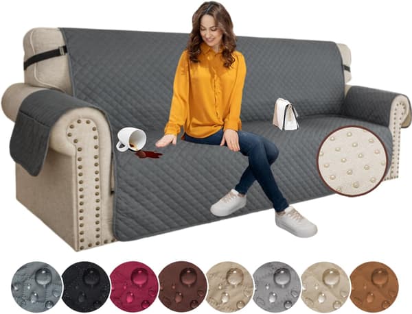 Quiltade sofföverdrag 3-sits, vändbart soffskydd med elastisk rem tvättbart (mörkgrå)
