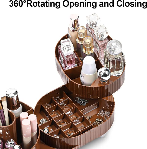 Makeup Organizer, 360° Roterende Makeup Organizer med 3-lags Rum, Perfekt til Kommode, Badeværelse, Soveværelse (Brun, To lag)