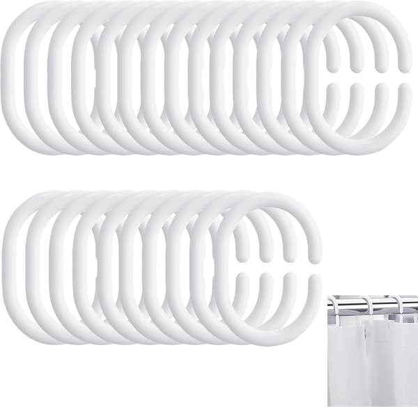 24-pack Duschdraperiringar i Plast - Krokar med Tyst Glid C-Formad Design, Kraftiga & Snabb Snäppinstallation (Vit)