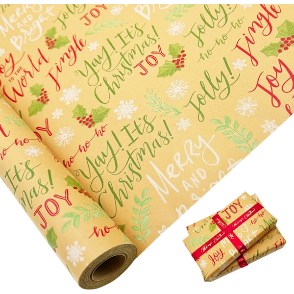 Julklappspapper Rulle - 44X100CM Stor Storlek Kraftpapper Tryckt med Festlig Designmönster för Presentinslagning