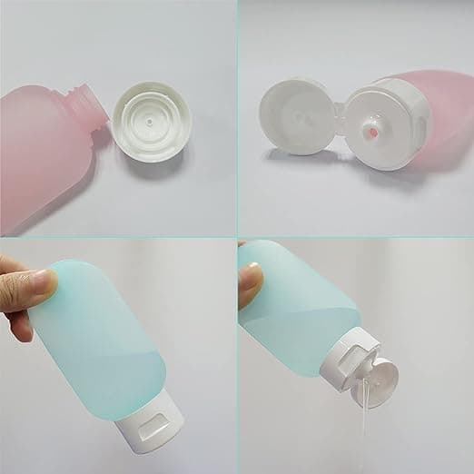 3-pack reseflaskor, 60 ml reseflaskor och behållare, resefyllbara klämflaskor med väska (blå/gul/rosa)