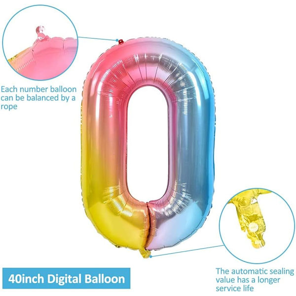 Talballoner, 40 tommer store regnbue tal 0-9 folie Mylar heliumballoner til fødselsdagsfest dekoration