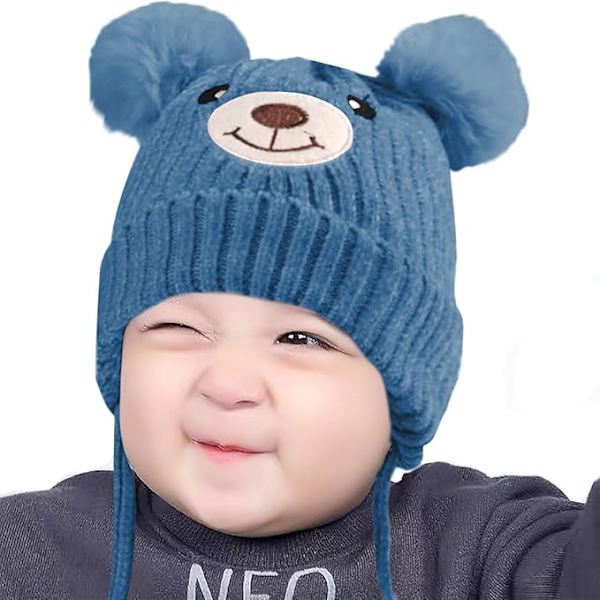 Babypojkar Flickor Höst Vinter Hattar Söta Öronlapp Hatt med Knytband Söta Björnöron Varm Hållare Stickad Mössa för Baby Höst