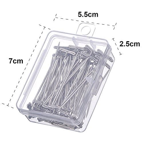 100-pack T-nålar för peruk, 5 cm, med plastbox, silverfärgade