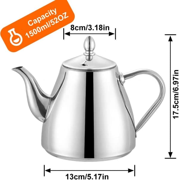 Tekanne i rustfritt stål, kaffeservering 1,5 liter (52 oz), 5-6 kopper, lett å helle, sølvfarget tekanne