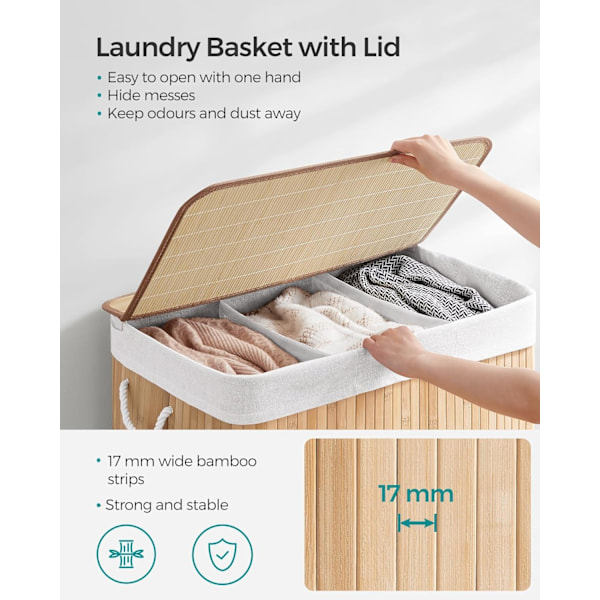 Pyykkikori 3 osastolla, irrotettava kansi ja kahvat, 150L taittuva, pyykkitupaan, makuuhuoneeseen, kylpyhuoneeseen, luonnollinen