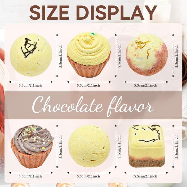 6 Stykker Spa Badekule Fizzies med Eteriske Oljer for Kvinner og Jenter, Cupcake & Hjerte Design, til Jul, Bursdag, Gaver, Brun