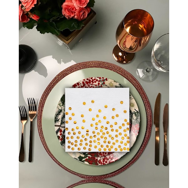 60 Gullfarget Polka Dot Servietter, Gullfolie Papirservietter, Hvite Servietter for Dekorative Fester, Bursdager, Bryllup og Julefeiringer (33x33cm)