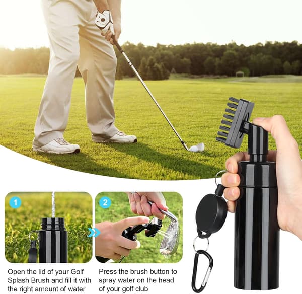 Golf-tarvikkeet, golfmailan puhdistusharja vesisuihkepullolla, golfuran puhdistaja, sisäänvedettävällä klipsillä, golfpyyhesarja