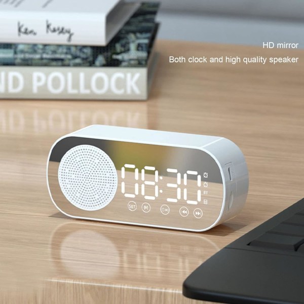 Digital väckarklockradio, Bluetooth V5.0 Hi-Fi-högtalarspegelklocka Dubbel väckarklocka Snooze FM-radio, Micro USB 1600mAh batteri