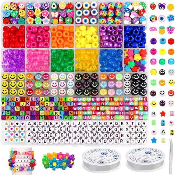 930Pcs Pony Beads for Bracelet Making Kit, Fruit Flower Polymer Clay Beads Rainbow Colour Barrel Beads Letter Alphabet Beads