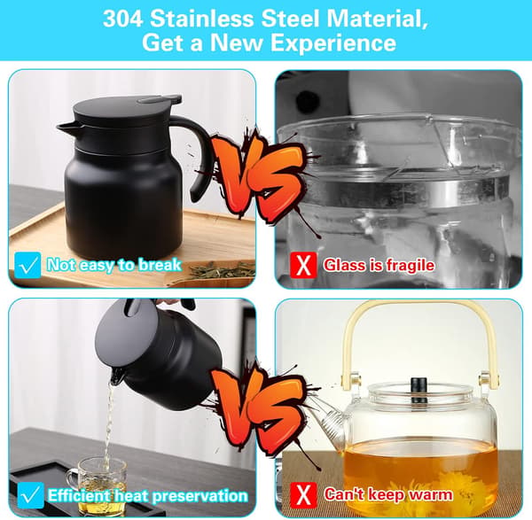 Vakuumtekande med infuser, si til løs te, kaffekande i rustfrit stål med temperaturdisplay, 800 ml, sort