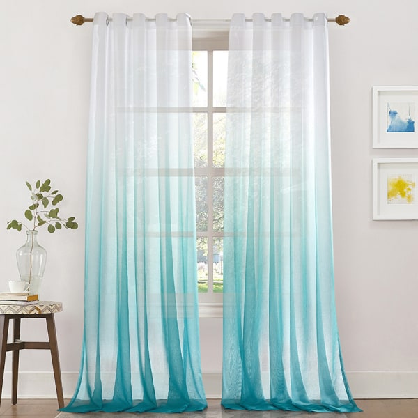 Transparenta gardiner voile gardin med öljetter färggradient dekorativ gardin fönstergardin för sovrum och vardagsrum, set med 2 Blue 107cm*160cm