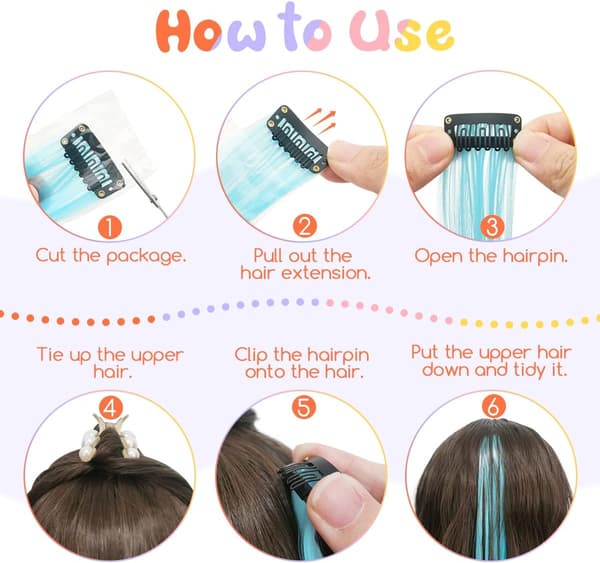 Clip-in Hår Extensions til Børn, Farvede Hår Extensions til Piger, Regnbue Hår Extensions, 24 stk