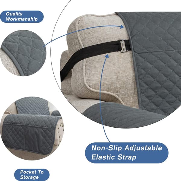 Quiltade sofföverdrag 3-sits, vändbart soffskydd med elastisk rem tvättbart (mörkgrå)