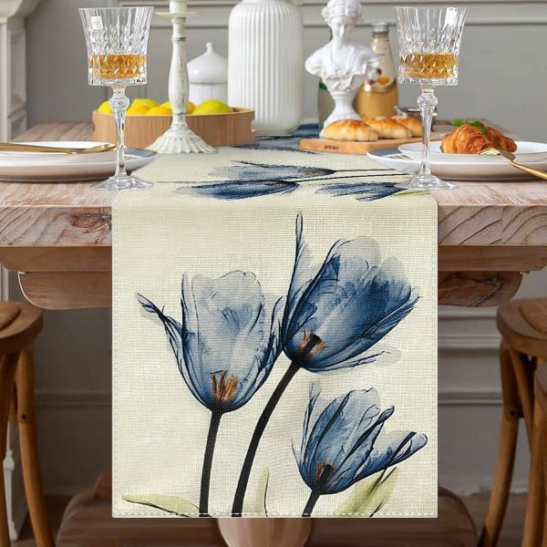 Blå tulpan bordslöpare, blommig bordslöpare, sommartryck blommig bordslöpare dekoration