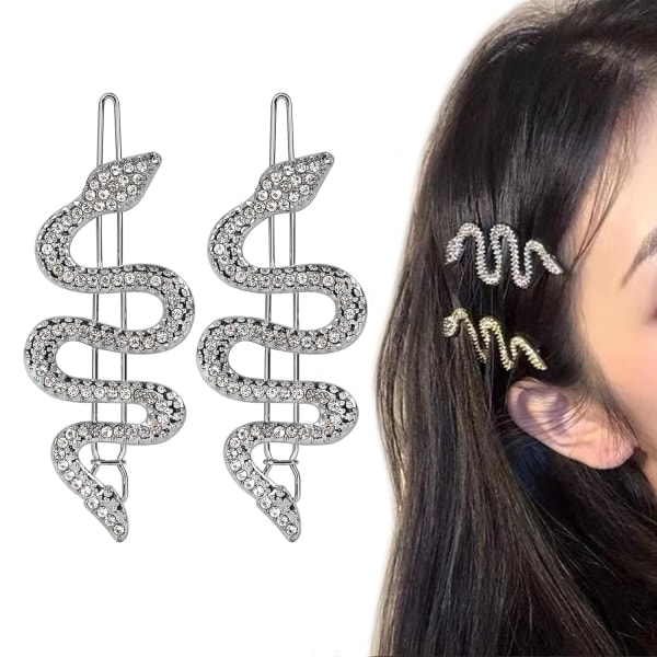 2PCS Metal Snake Hair Pins Alloy Snake Hair Clips with Sparkly Rhinestones Set Hair Jewelry Accessories For Girls Women Headdress (Silver)