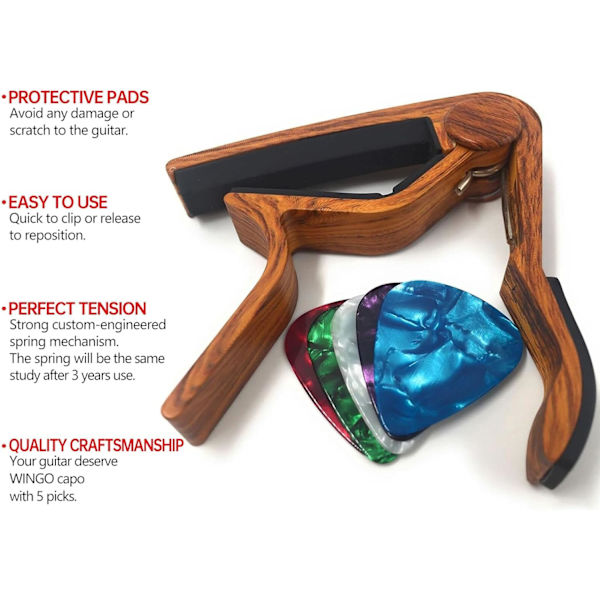 Gitar Capo for Akustiske og Elektriske Gitarer - Rosewood Farge med 5 Plekter