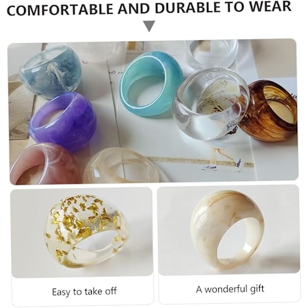 9 Delar Stapelbara Resinringar Bred Tjock Kupol Retro Klumpiga Ringar Tjock Kupol Elegant Flerfärgad Akryl Resinring