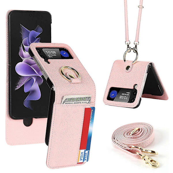 Lompakkokotelo Yhteensopiva Samsung Galaxy Z Flip 4:n kanssa, PU-nahkakansi crossbody-kaulanauhalla ja rengaspidikkeellä