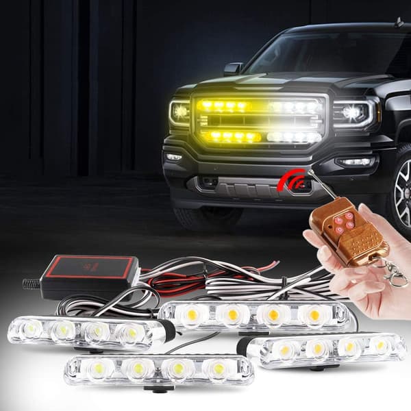 4 i 1 LED DC12V Trådløs Fjernkontroll Strobelys, Nødvarsellys, for Bil (Amber & Hvit)