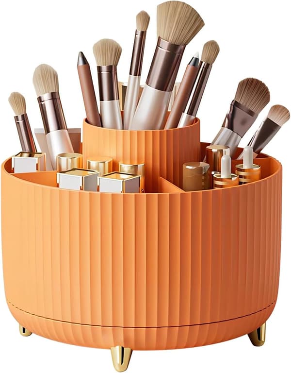 Makeup børsteholder med stor kapacitet, 360° roterende makeup organizer, 5 rum til makeup børster, til badeværelse, kosmetik display (Orange)