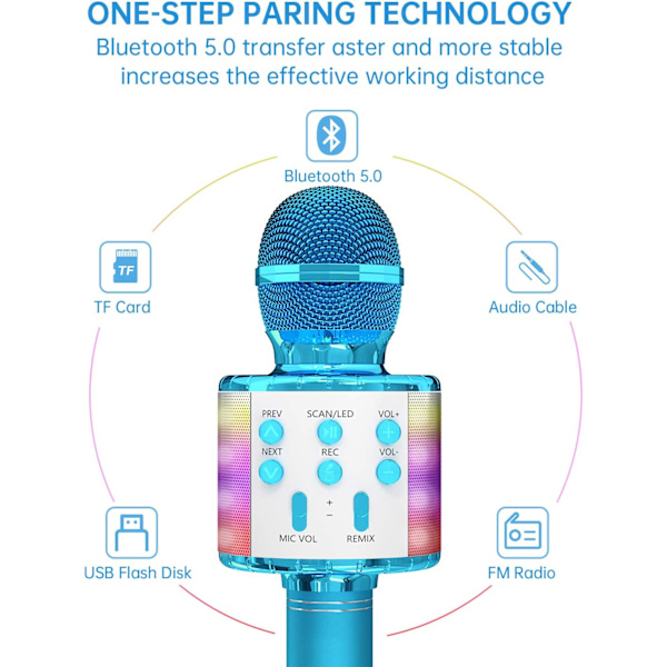 Karaoke-mikrofon til børn, trådløs Bluetooth-karaoke-mikrofon med LED-lys, bærbar håndholdt mikrofonhøjttalergave