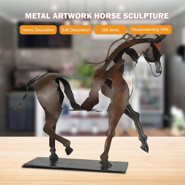 Metallhästskulptur, LED-staty för modern hästhantverksstaty, dekorativa metallprydnader i ihålig bordsskiva, rostig staty för stående häst
