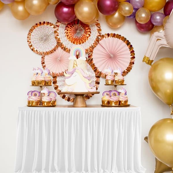 1 × Bordkjole, 4,2 meter plissert rektangulær polyester hvit borddekorasjon servise, fest, bryllup, bursdag, babyshower, arrangementer
