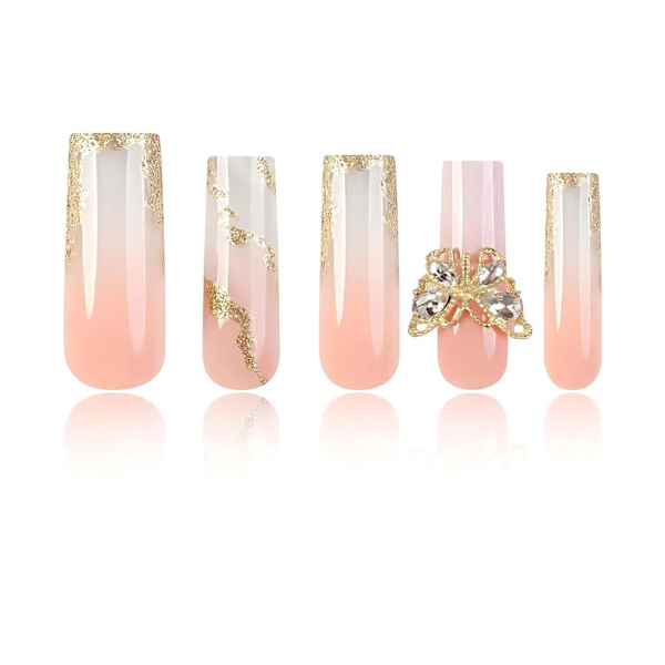 Nageltryck på långa tryck på naglar, glänsande ombre akryl falska naglar med 3D fjärilsdesigner guld glitterpulver konstgjorda naglar, 24 st