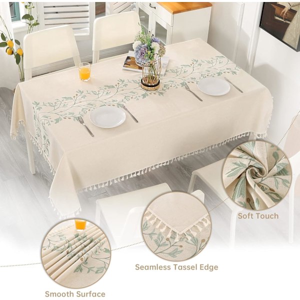 Rektangulær bomullslinduk, støvtett, vaskbar beige duk med dusk, grønne broderte blader (140x200 cm)