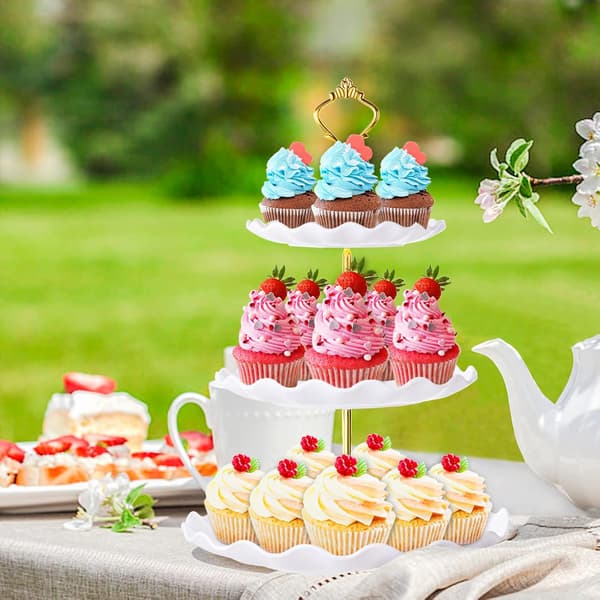 3-lags Cupcake Stativ Holder, Plastik Cupcake Stativ Håndklæde med Tiered Serveringsbakke til Cupcakes, 2 stk, Hvid og Sort