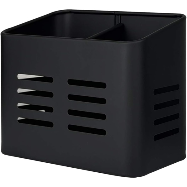 Besticklåda i metall med 2 fack, droppbricka för bestick 9 x 16 x 13,5 cm, vertikal organizer för köksbänk och bord (svart)