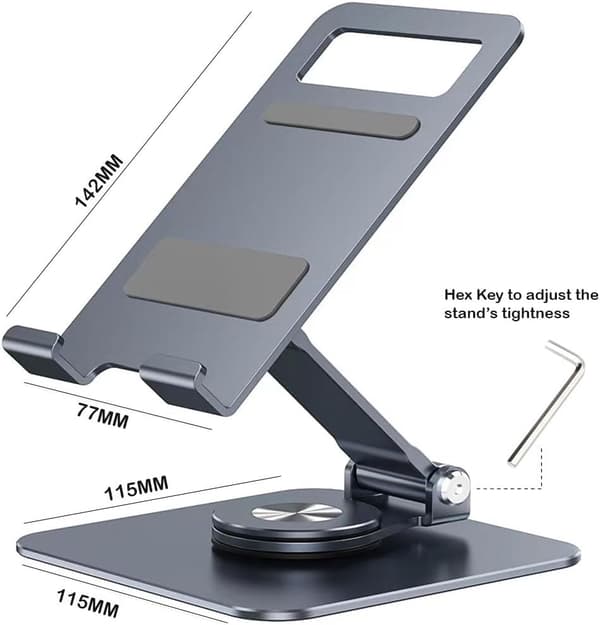 1 st Tabletställ, Justerbart och hopfällbart vridbart skrivbordsställ i aluminium med 360 graders roterande bas (Grå)
