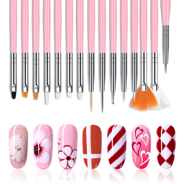 Nagelkonstborste Set, 12 st Nagelkonstpenna och Nagelprickverktyg, Prickpennor med dubbla ändar Nagelkonst Liner Borstar Pink 20-piece set