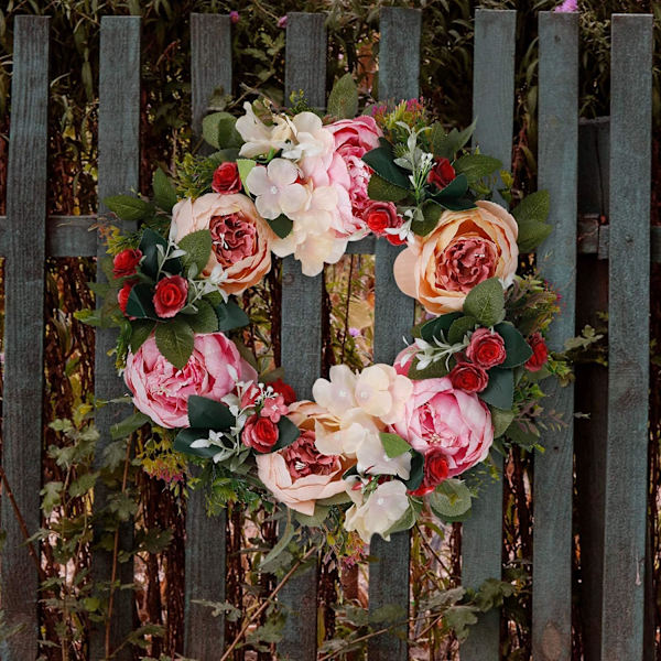 Dörrkrans Peony Girlang Utomhus 38-40cm Rosa Sommar Blomkrans för Alla Säsonger Gårdshus Vägghängande Välkomstdekor