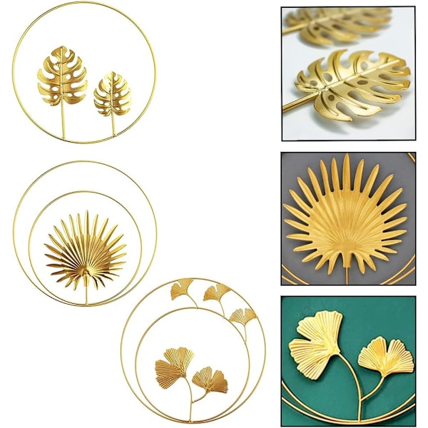 Metallblad Ornament, 3 st järnväggskulpturer, Järnväggskulpturer, 3D Ginkgo Bladskulpturer, Gyllene Ginkgo Blad, Palm Blad, Monstera Blad (Guld)